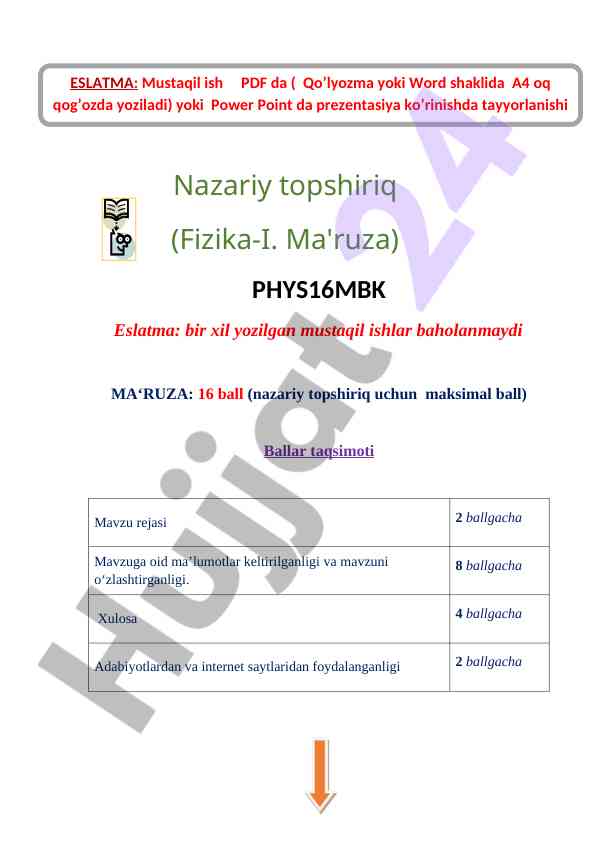 Nazariy topshiriq bo'yicha mustaqil ishlar rejasi