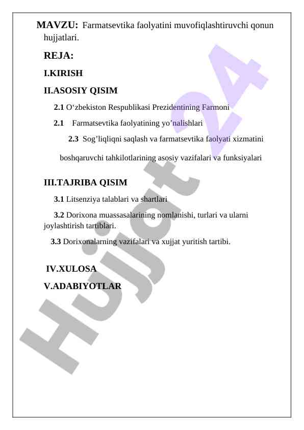 Farmatsevtika qonun hujjatlari dars rejasi