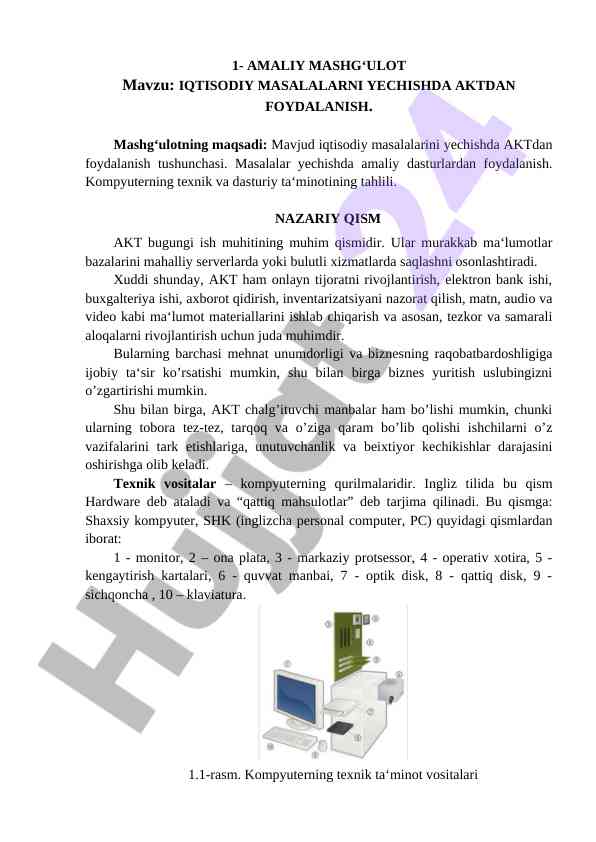 Amaliy mashg‘ulot: iqtisodiy masalalar va akt foydasi
