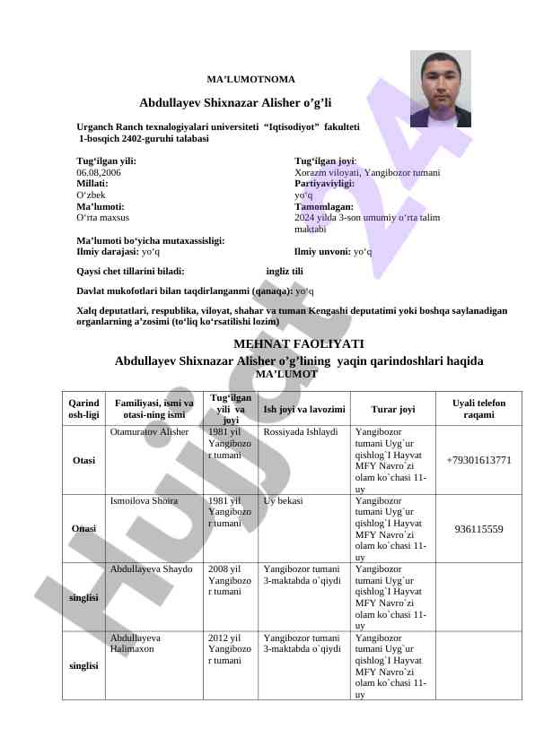 O‘zbekiston iqtisodiyotiga ta'siri haqida ma'lumotnoma