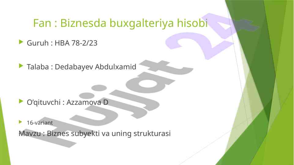 Biznes subyekti va uning strukturasi
