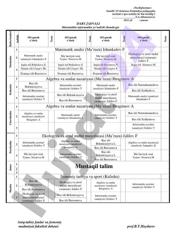 Dars jadvali matematika-informatika yonalishi