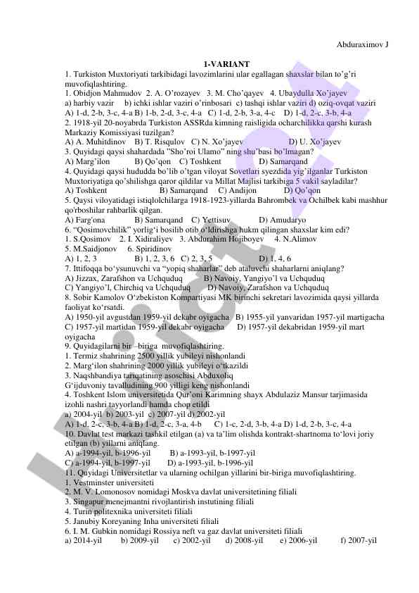 Turkiston muxtoriyati quiz questions and answers