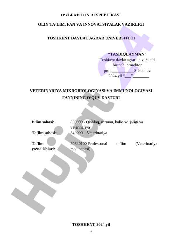 Veterinariya mikrobiologiyasi va immunologiyasi o‘quv dasturi