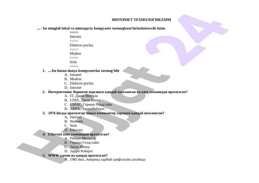 Internet texnologiyalari haqida test savollari