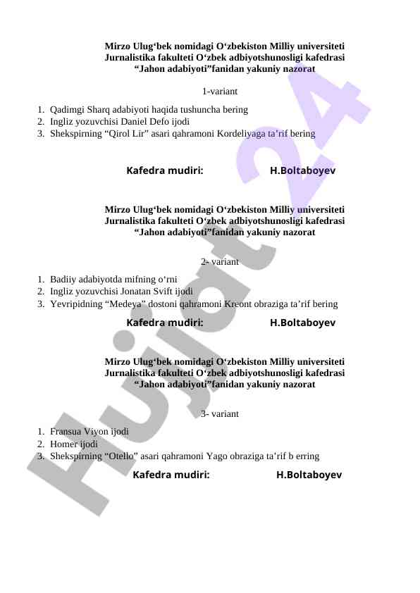 Jahon adabiyoti fanidan yakuniy nazorat varianti