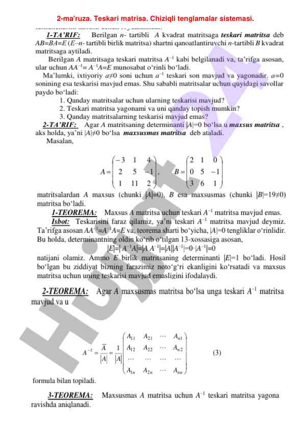 Teskari matrisa va chiziqli tenglamalar