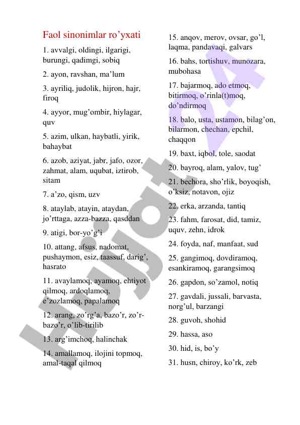 Faol sinonimlar ro'yxati