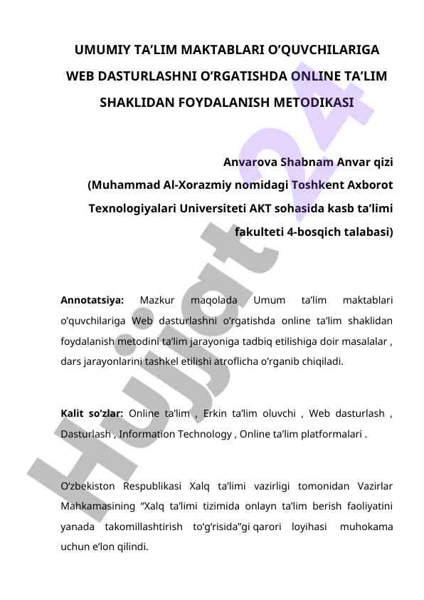 Online ta’lim shaklida web dasturlash o’rgatish