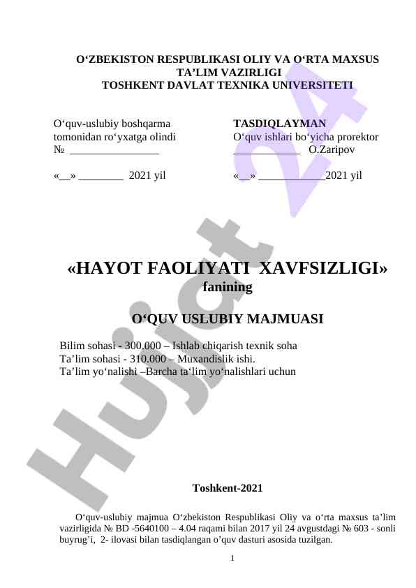 Hayot faoliyati xavfsizligi fani o‘quv uslubiy majmuasi