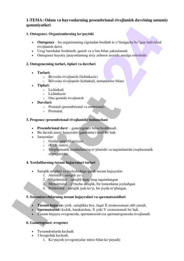 Odam va hayvonlarning proembrional rivojlanishi