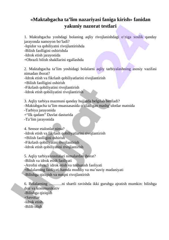 Maktabgacha ta'limda aqliy tarbiya testlari