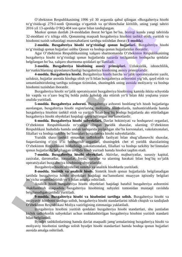 Buxgalteriya hisobi qonuni o‘zgartirishlari va qo‘shimchalar