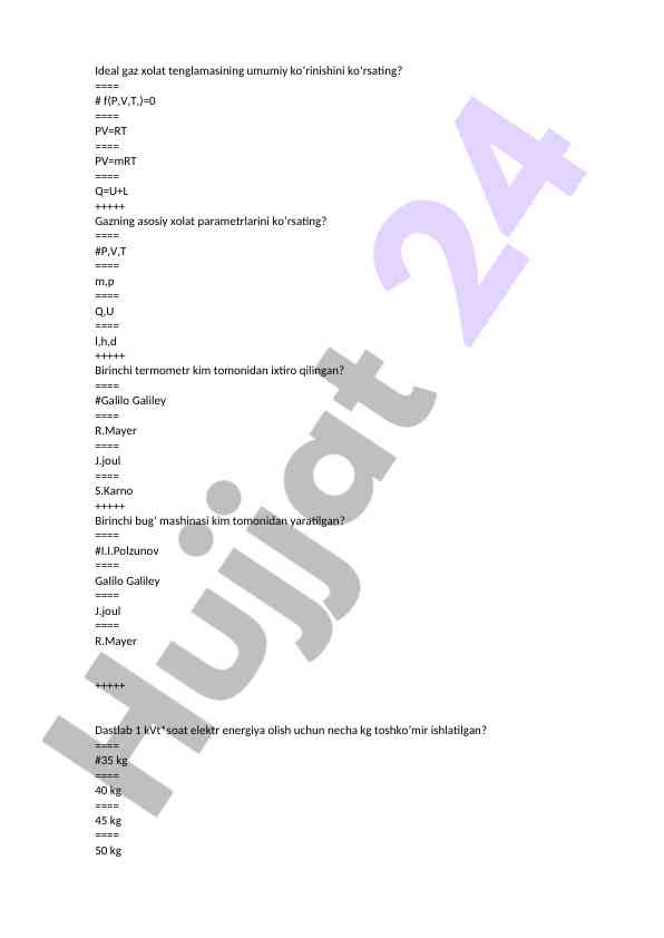 Gaz xolat parametrlari va qonunlari testi