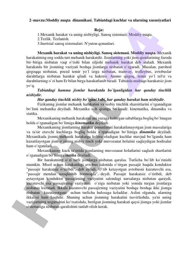 Moddiy nuqta dinamikasi bo'yicha dars ishlanmasi