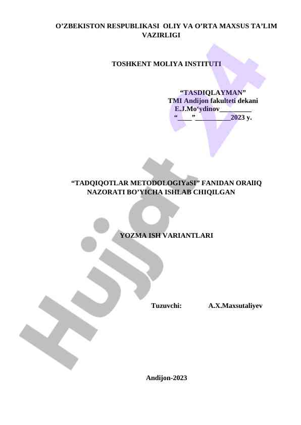 Tadqiqotlar metodologiyasi fanidan nazorat ishlari