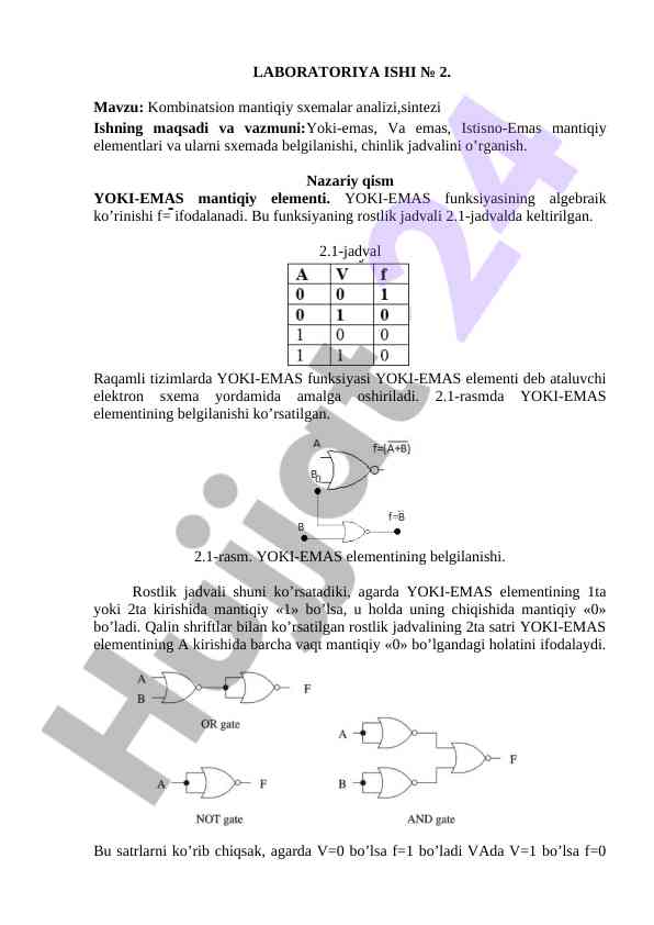 Kombinatsion mantiqiy sxemalar analizi va sintezi