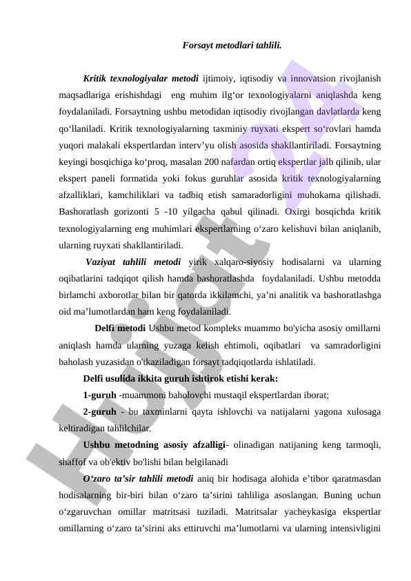 Forsayt metodlari tahlili va kritik texnologiyalar