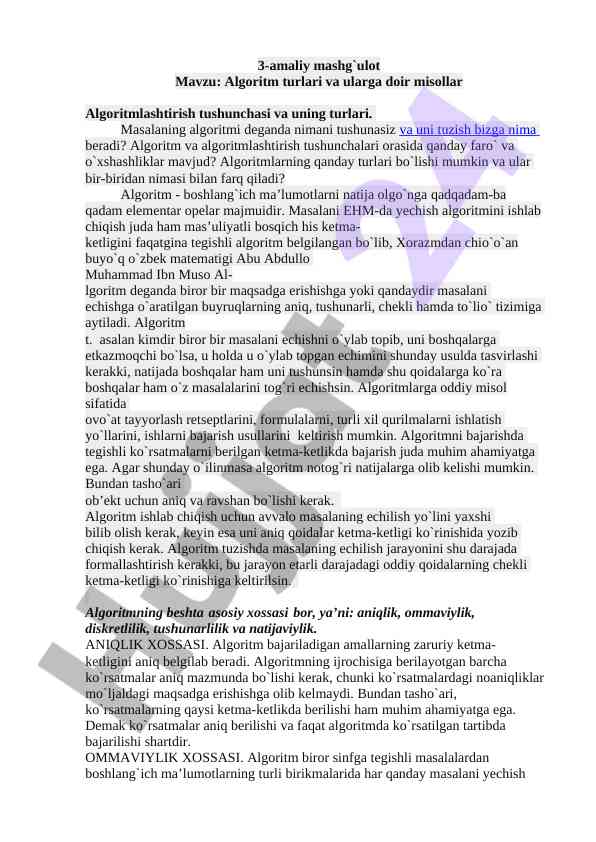 Algoritm turlari va ular bilan bog'liq misollar
