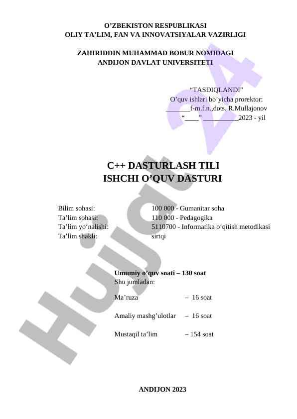 C++ dasturlash tili ishchi o‘quv dasturi