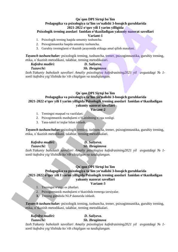 Psixologik trening asoslari yakuniy nazorat savollari