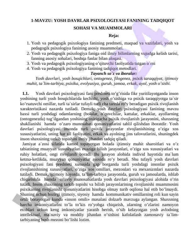Yosh davrlar psixologiyasi fanining asosiy muammolari