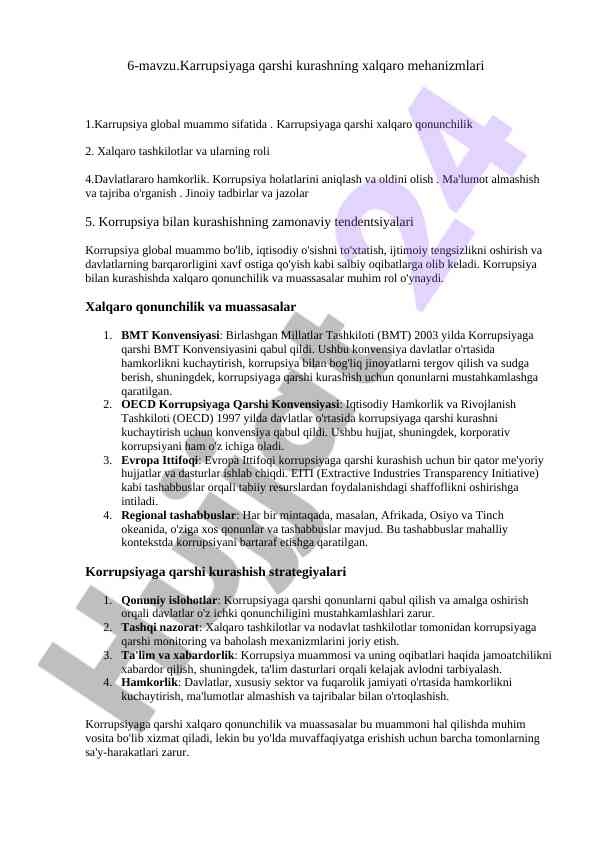 Korrupsiya qarshi kurashning xalqaro mexanizmlari