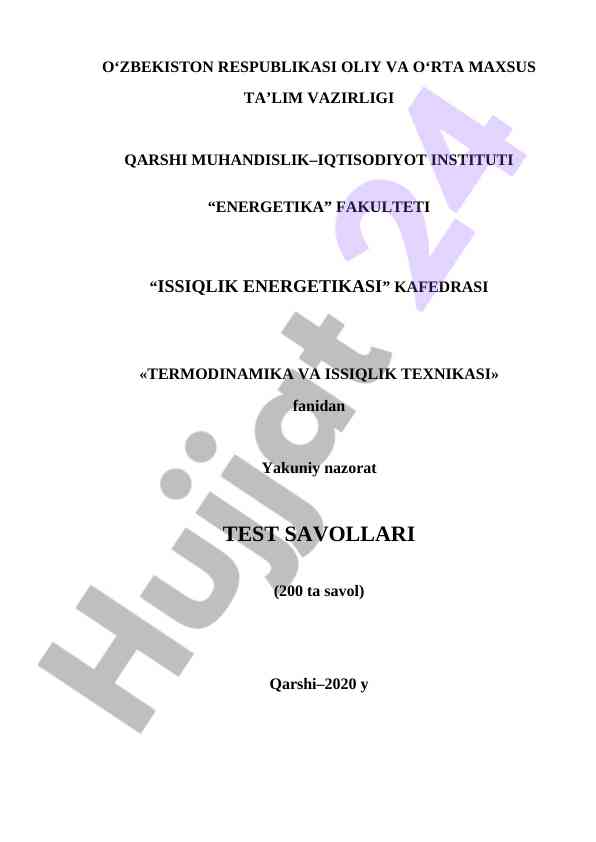 Termodinamik va issiqlik texnikasi test savollari
