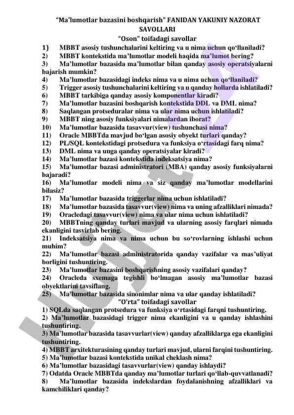 Ma’lumotlar bazasi boshqarish yaqin nazorat savollari