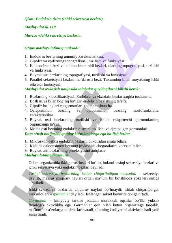 Ichki sekretsiya bezlari haqida o'quv mashg'uloti