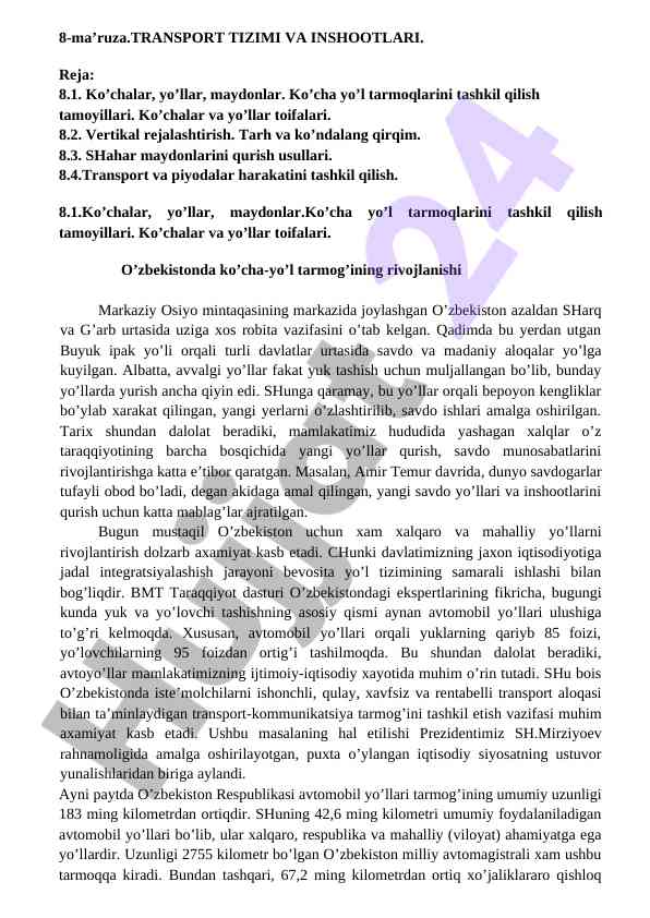 Transport tizimi va inshootlari haqida ma'ruza