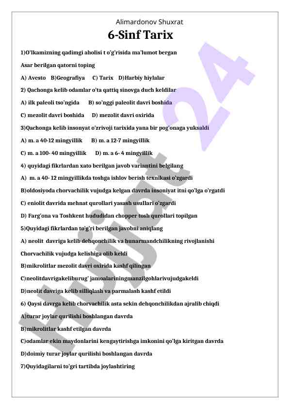 6-sinf tarix test savollari