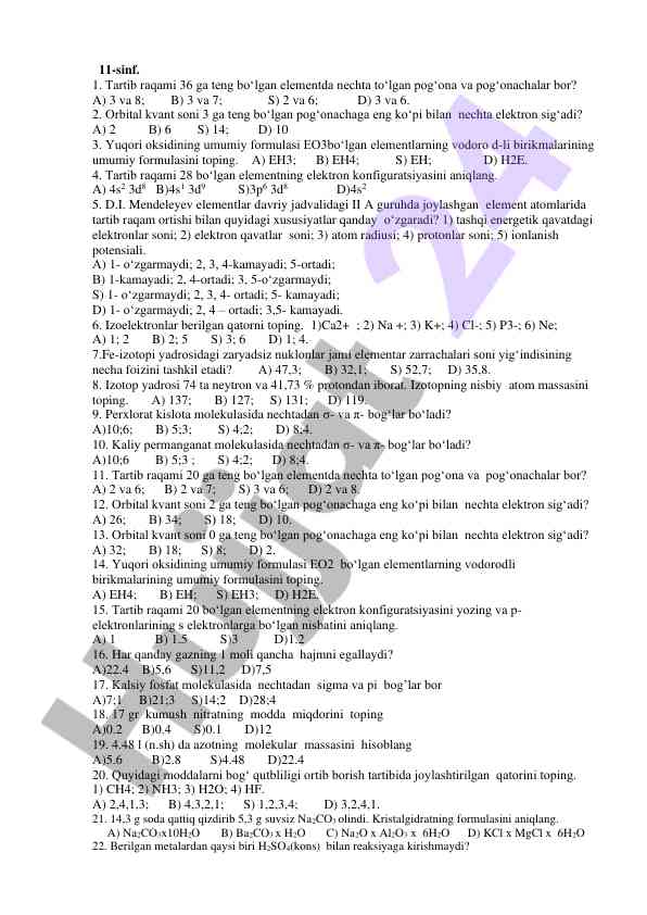 Kimyo fanidan test savollari 11-sinf uchun