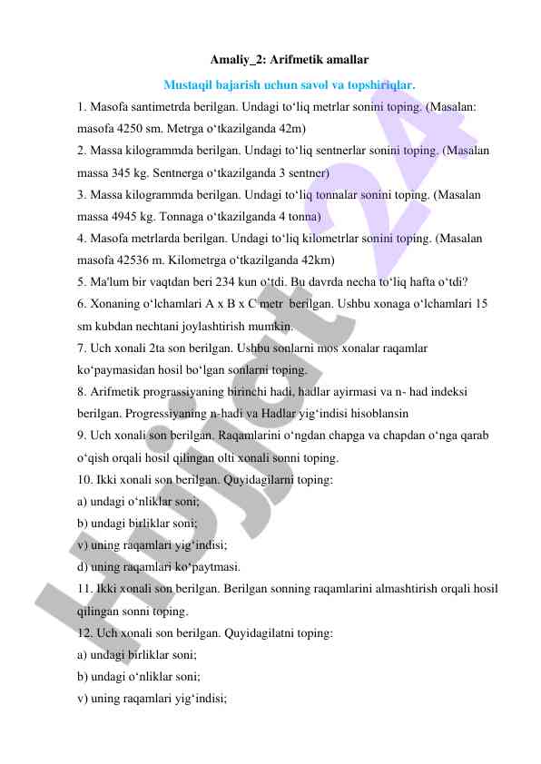 Arifmetik amallar bo'yicha mustaqil ishlar
