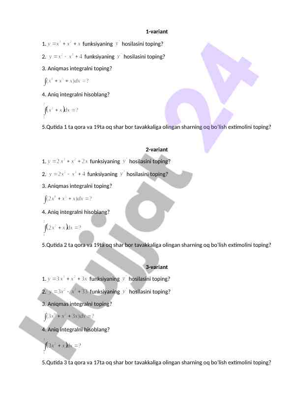 Matematika testlari: integrallar va funksiyalar