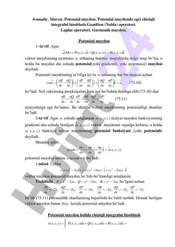 Potensial maydon va egri chiziqli integral hisoblash
