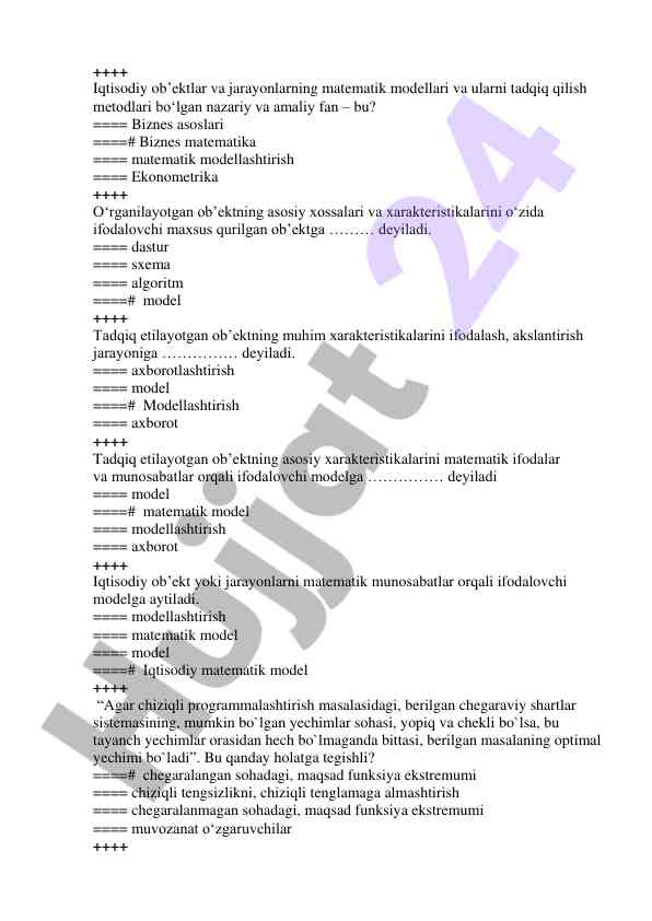 Matematik modellar va iqtisodiy ob'ektlar