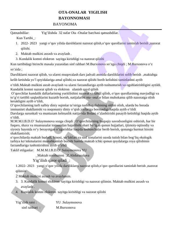 Ota-onalar yigilish bayonnomasi tahlili