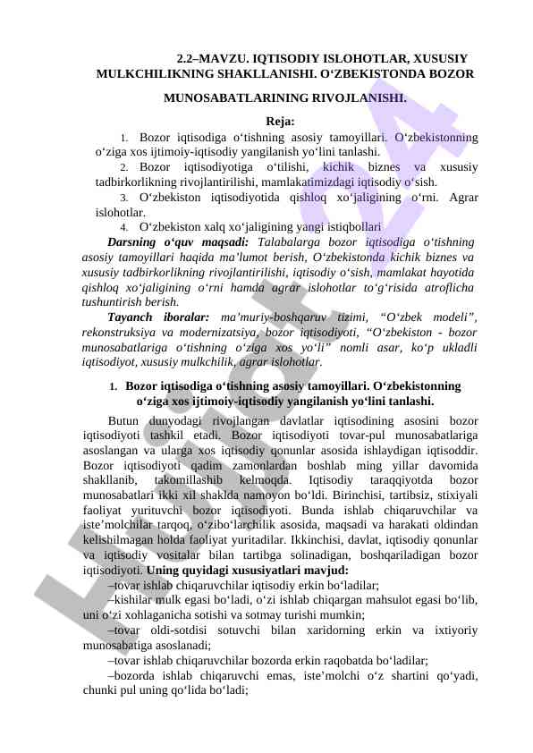 Bozor iqtisodiga o‘tish tamoyillari o‘zbekistonida
