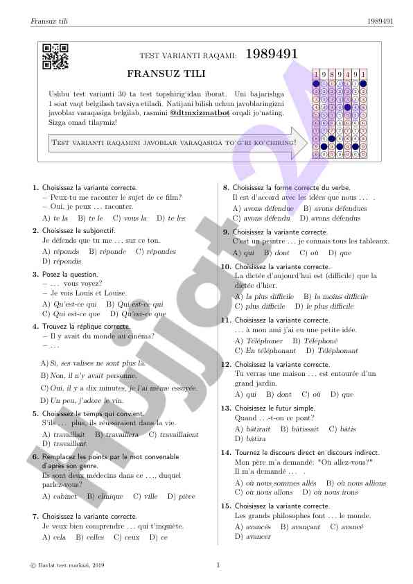 Fransuz tili test varianti raqami 1989491