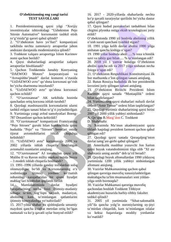 O‘zbekiston tarixi test savollari to‘plami