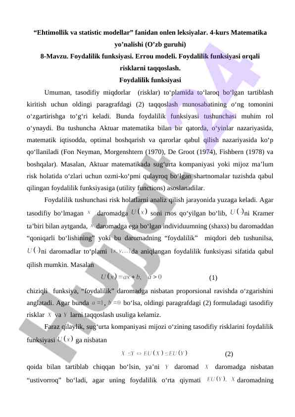Ehtimollik va statistic modellar: foydalilik funksiyasi
