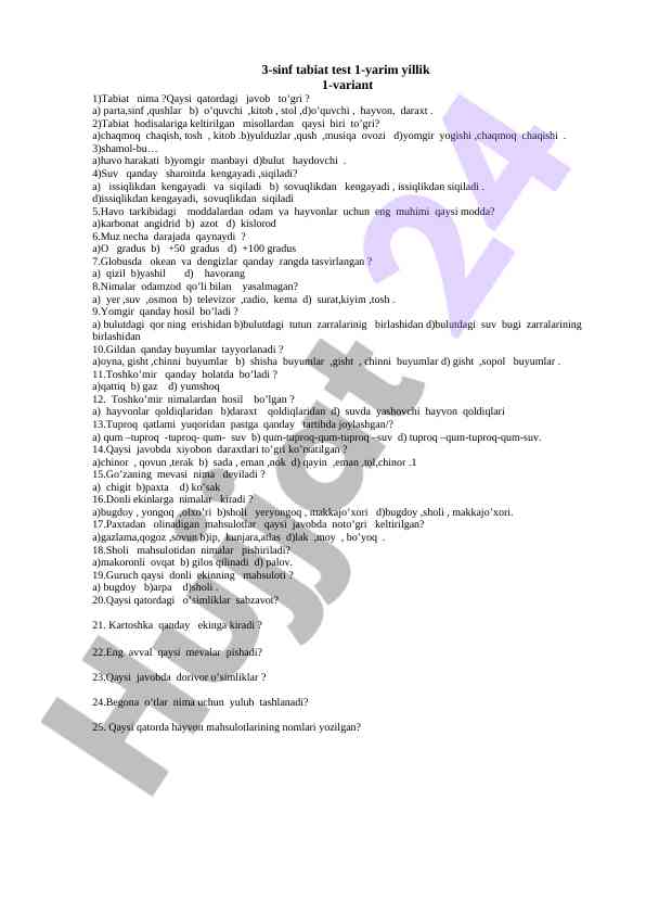 3-sinf tabiat testi 1-yarim yillik variant