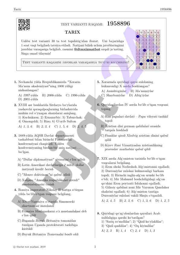Test variantlari bilan tarixiy savollar