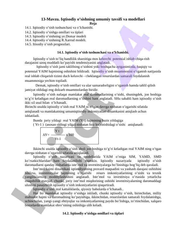 Iqtisodiy o'sish tushunchasi va modellari