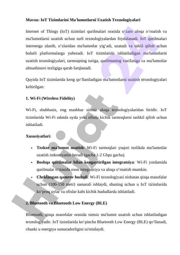 IoT Tizimlarini Ma'lumotlarni Uzatish Texnologiyalari
