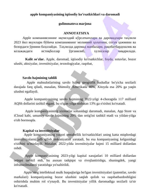 Apple kompaniyasining iqtisodiy ko’rsatkichlari tahlili