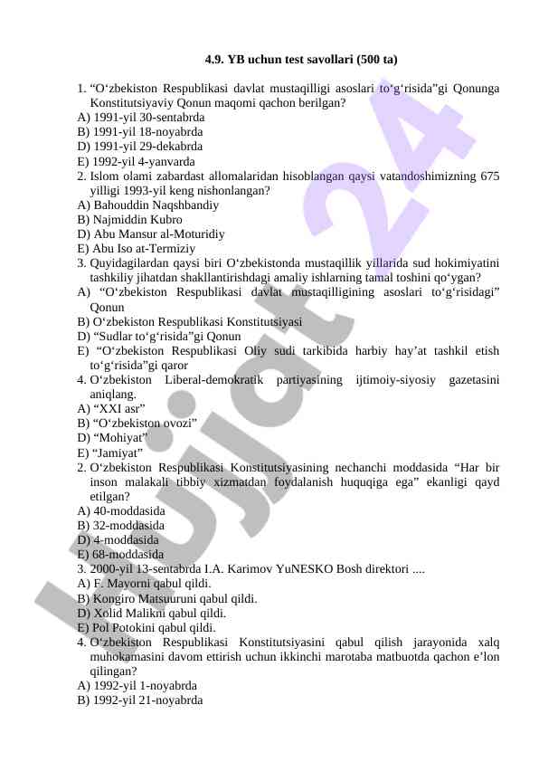 Yurtimiz davlat mustaqilligi test savollari