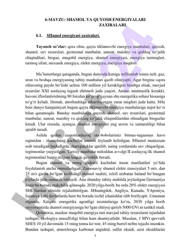 Shamol va quyosh energiya manbalari tahlili
