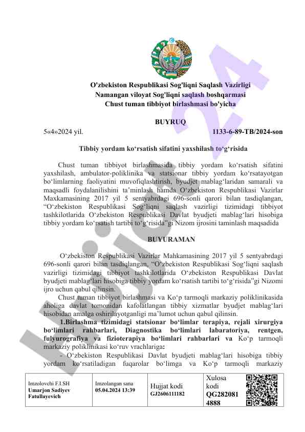 Tibbiy yordam ko'rsatish sifatini yaxshilash to'g'risida